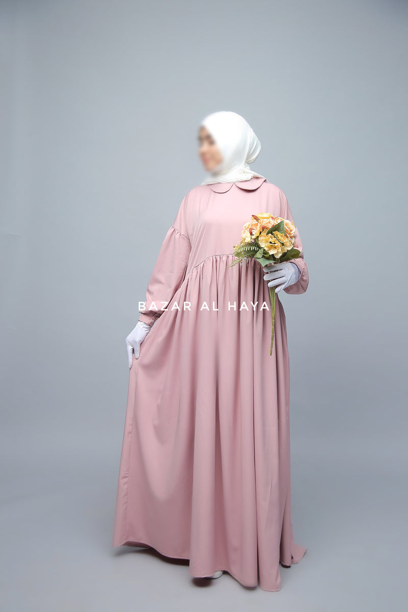 Pink Erina Abaya Dress, Unique Round Collar Classic Design - Puff Sleeves