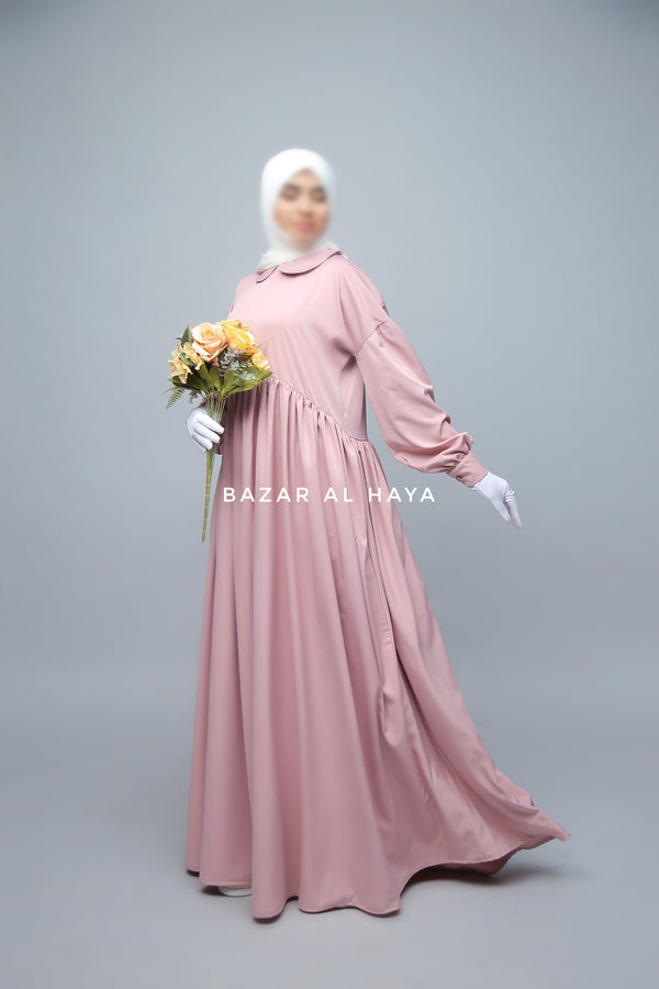 Pink Erina Abaya Dress, Unique Round Collar Classic Design - Puff Sleeves