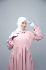 Pink Erina Abaya Dress, Unique Round Collar Classic Design - Puff Sleeves