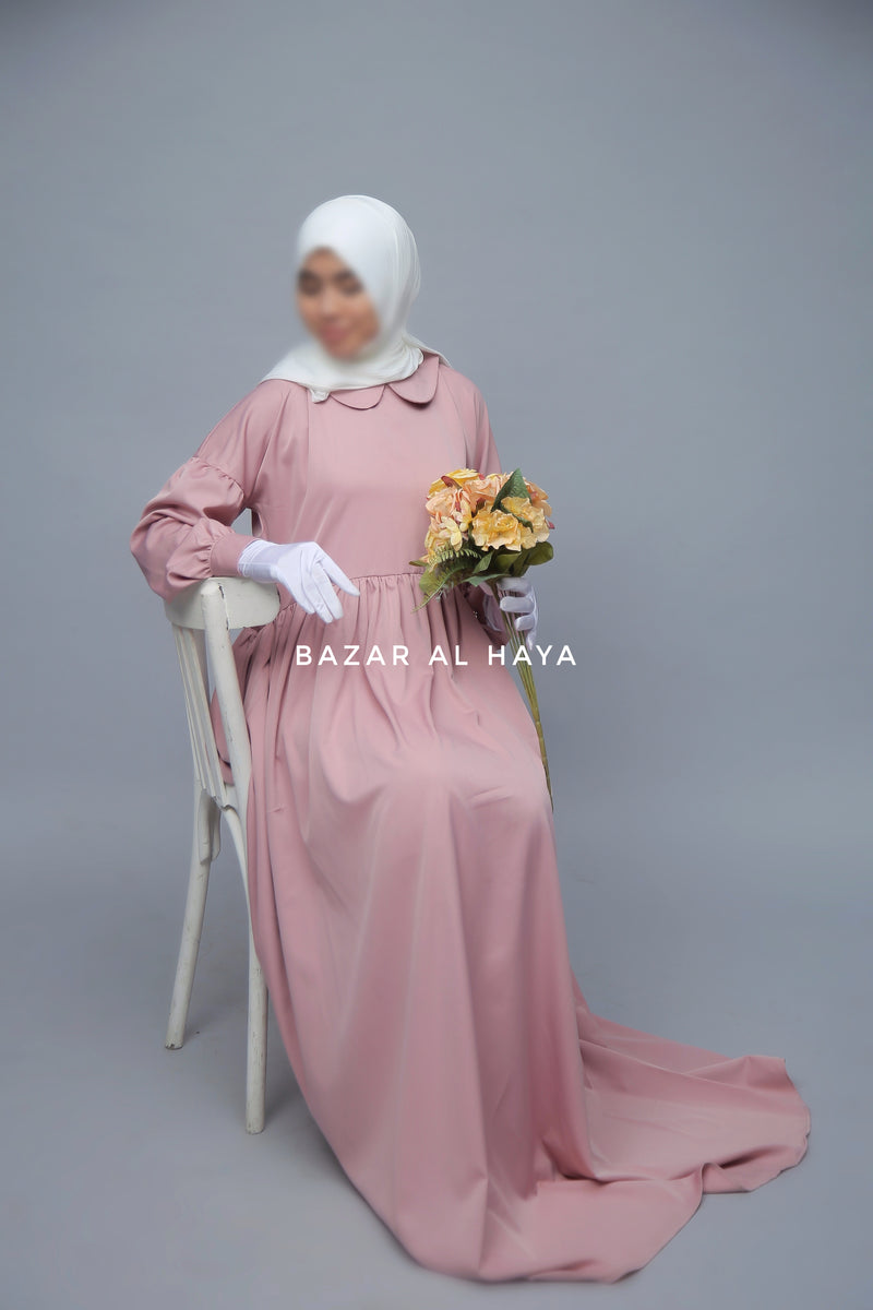 Pink Erina Abaya Dress, Unique Round Collar Classic Design - Puff Sleeves