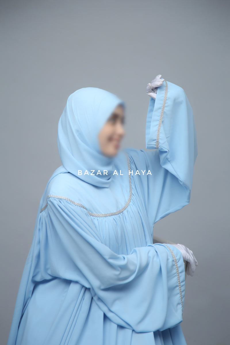 Sky Blue Haniya Abaya Gown - Elegently Wide With Unique Decor - 3 Piece