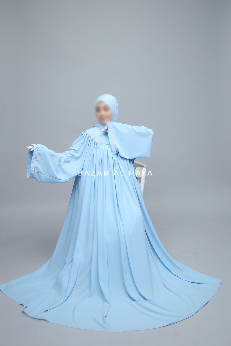 Sky Blue Haniya Abaya Gown - Elegently Wide With Unique Decor - 3 Piece