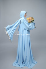 Sky Blue Haniya Abaya Gown - Elegently Wide With Unique Decor - 3 Piece