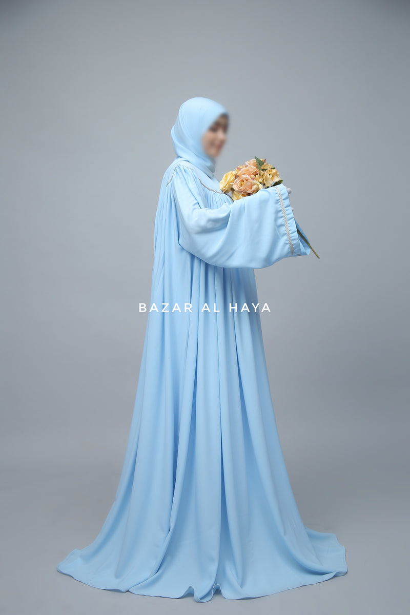 Sky Blue Haniya Abaya Gown - Elegently Wide With Unique Decor - 3 Piece