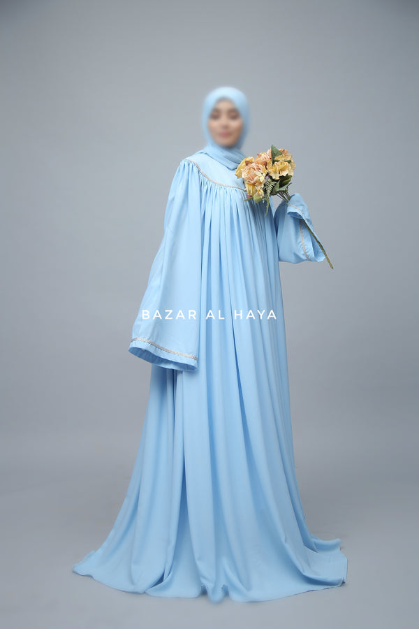 Sky Blue Haniya Abaya Gown - Elegently Wide With Unique Decor - 3 Piece