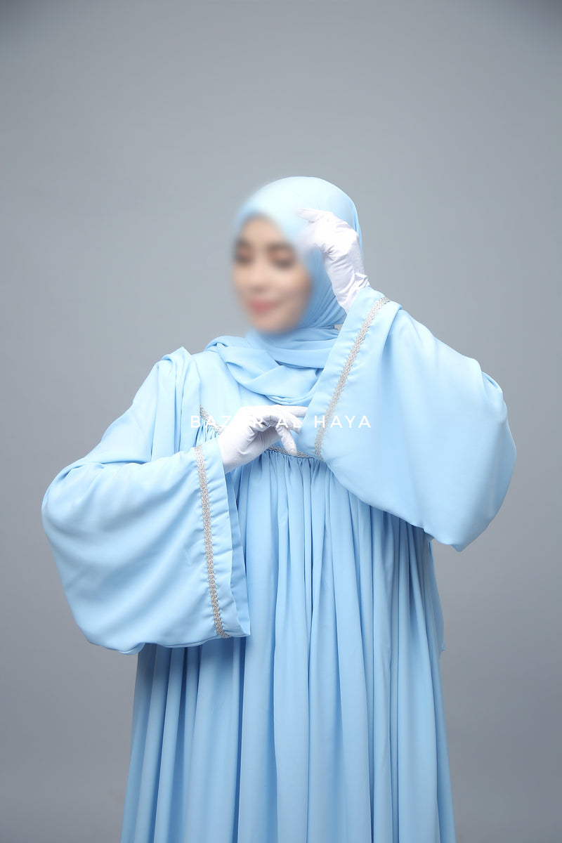 Sky Blue Haniya Abaya Gown - Elegently Wide With Unique Decor - 3 Piece