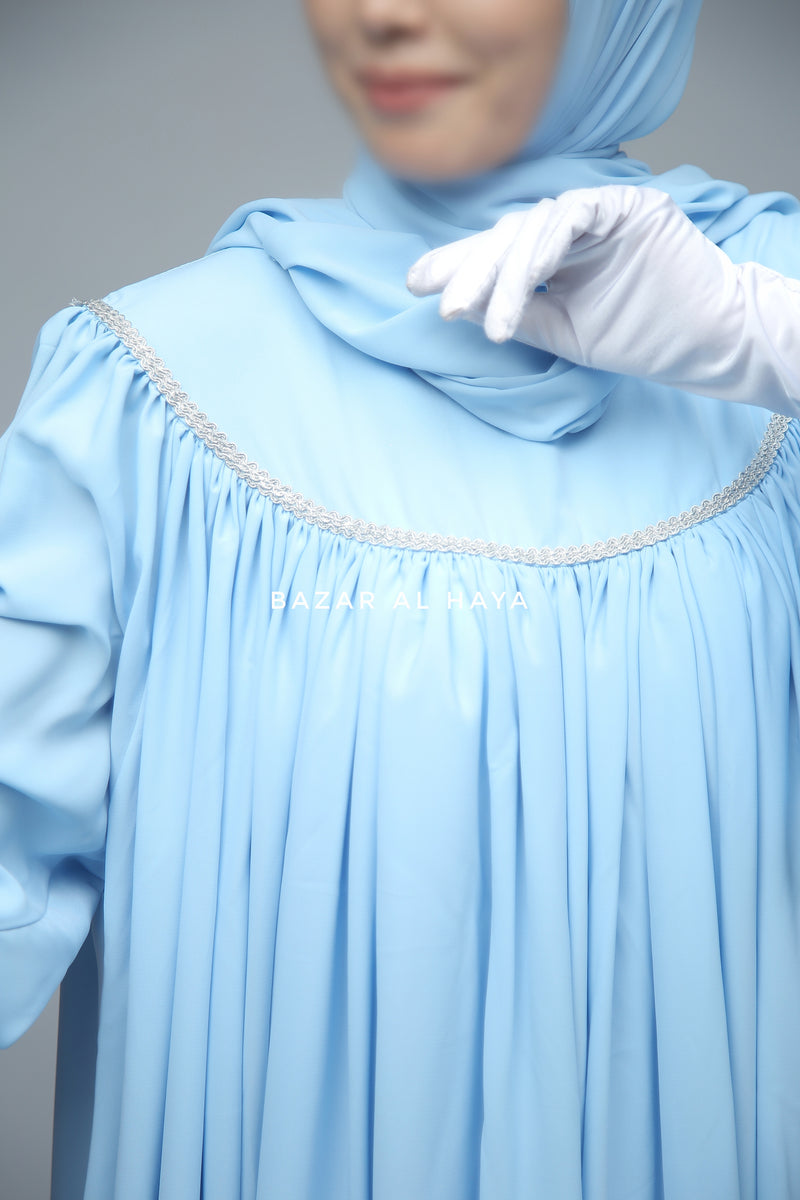 Sky Blue Haniya Abaya Gown - Elegently Wide With Unique Decor - 3 Piece