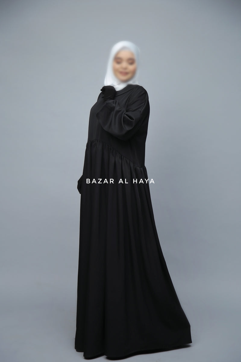 Black Erina Abaya Dress, Uniqe Round Collar Classic Design - Puff Sleeves