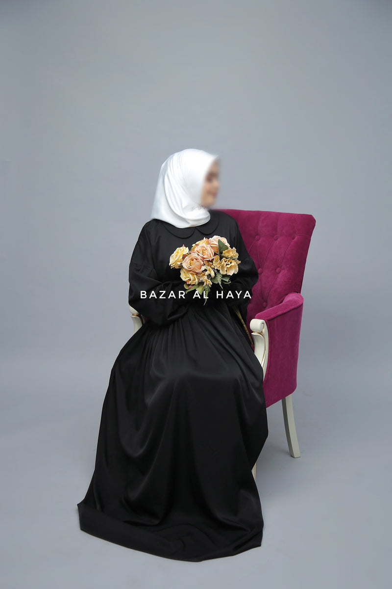 Black Erina Abaya Dress, Uniqe Round Collar Classic Design - Puff Sleeves