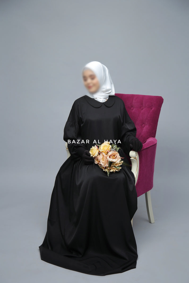 Black Erina Abaya Dress, Uniqe Round Collar Classic Design - Puff Sleeves