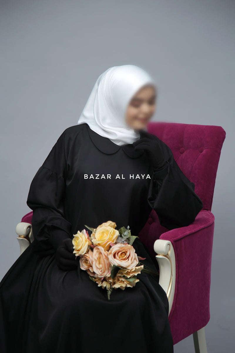 Black Erina Abaya Dress, Uniqe Round Collar Classic Design - Puff Sleeves