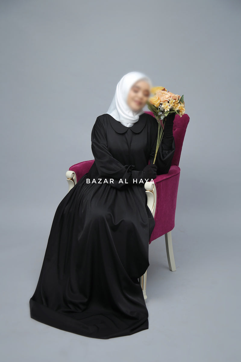 Black Erina Abaya Dress, Uniqe Round Collar Classic Design - Puff Sleeves