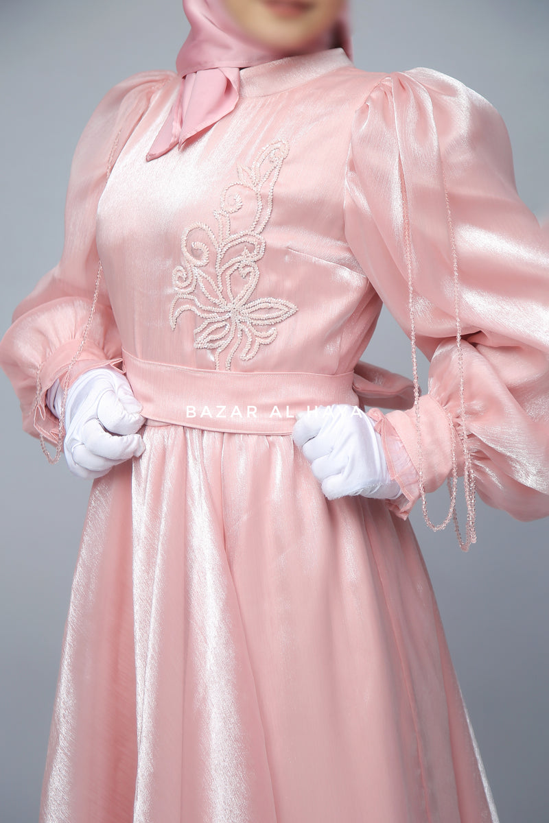 Zehna Pink Organza Luxurious Dress With Bisser Beaded Details For Muslim Occasions