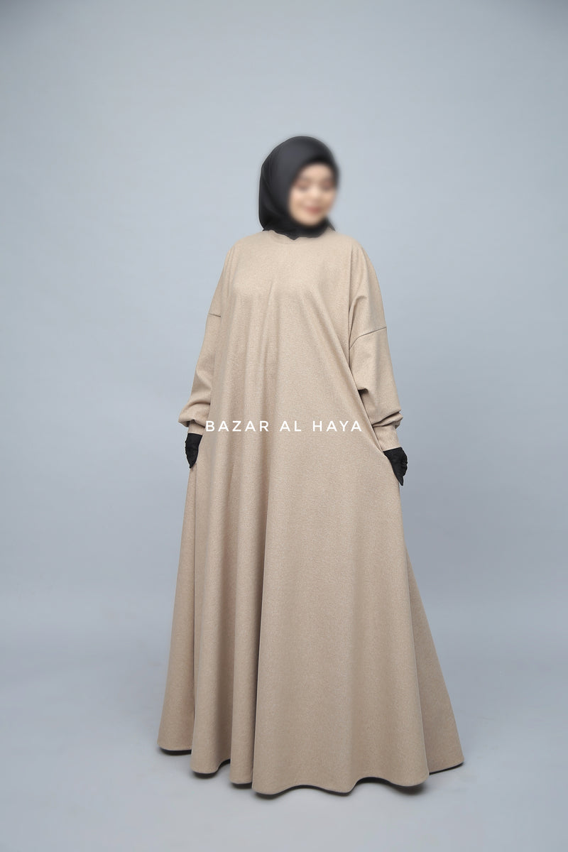 Beige Basimah Classic Design Warm Abaya Coat - Premium Wool