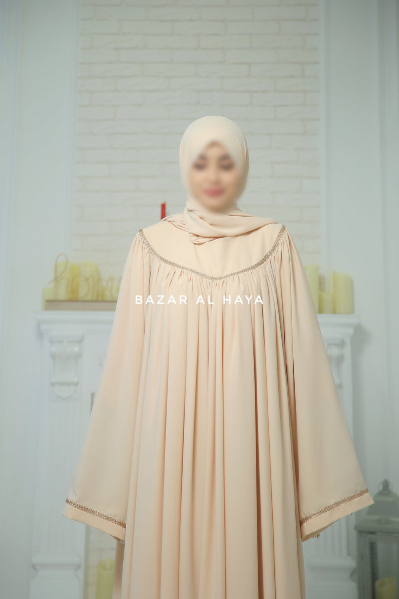 Haniya Beige Abaya Gown - Elegently Wide With Unique Decor - 3 Piece