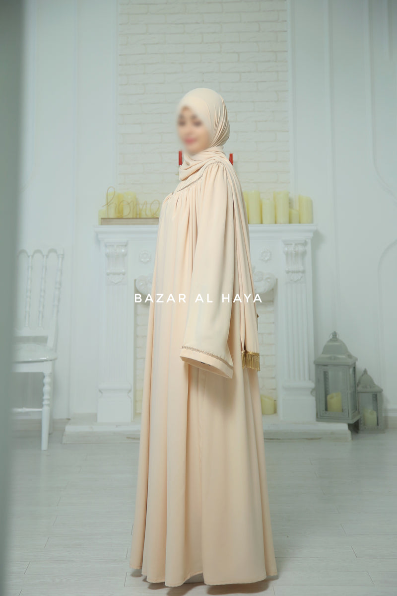 Haniya Beige Abaya Gown - Elegently Wide With Unique Decor - 3 Piece