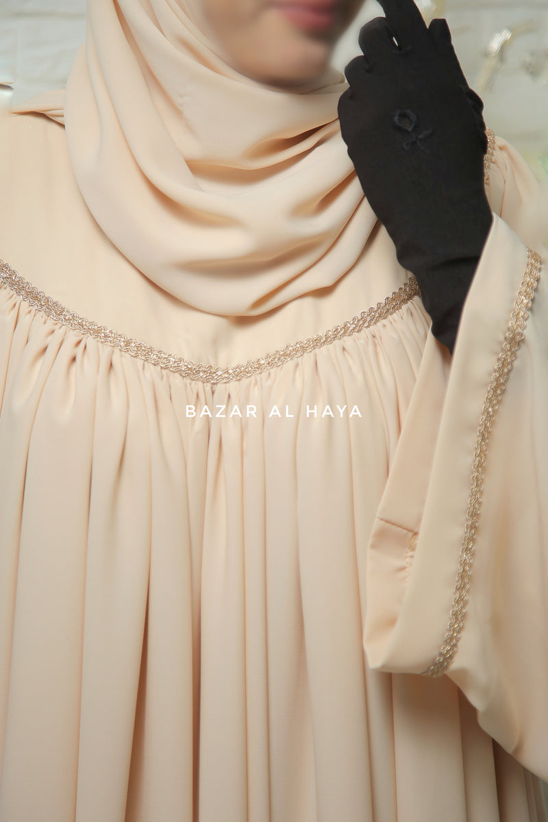 Haniya Beige Abaya Gown - Elegently Wide With Unique Decor - 3 Piece