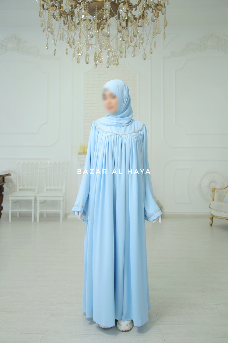 Haniya Sky Blue Abaya Gown - Elegently Wide With Unique Decor - 3 Piece