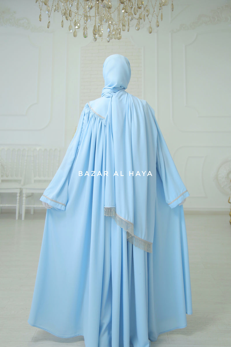 Haniya Sky Blue Abaya Gown - Elegently Wide With Unique Decor - 3 Piece