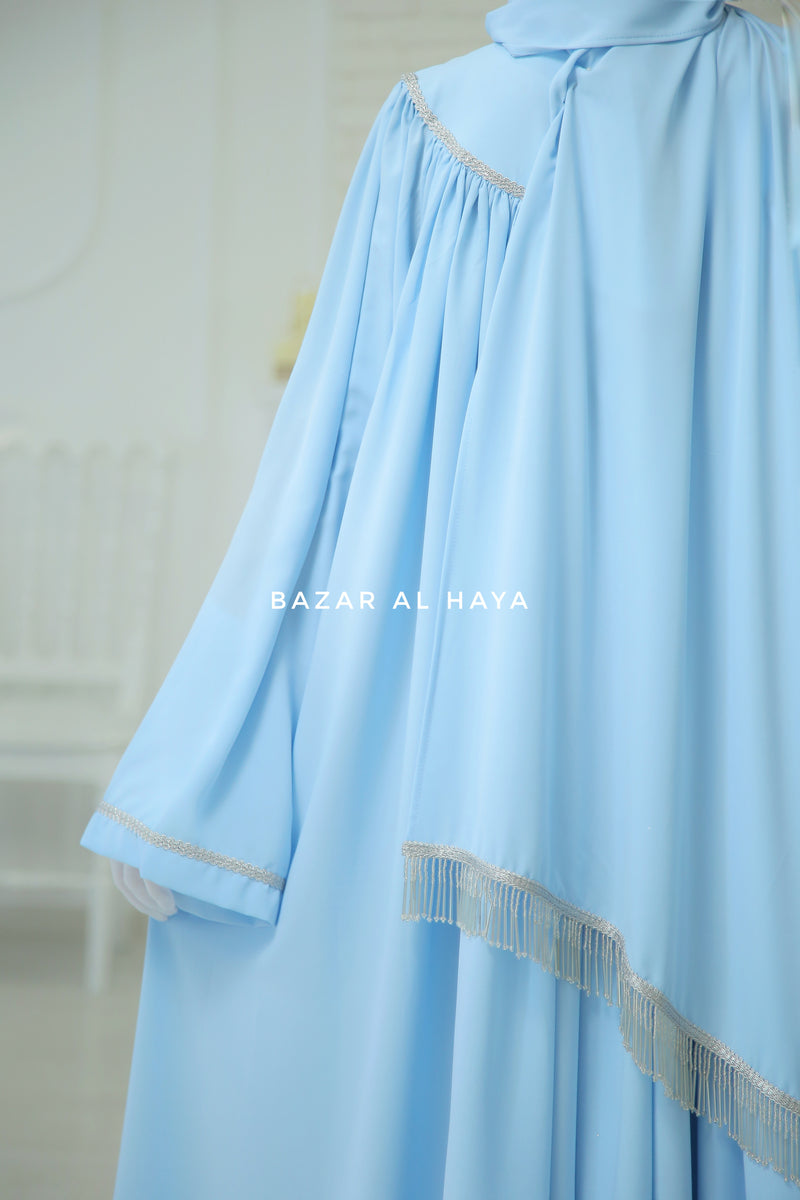 Haniya Sky Blue Abaya Gown - Elegently Wide With Unique Decor - 3 Piece