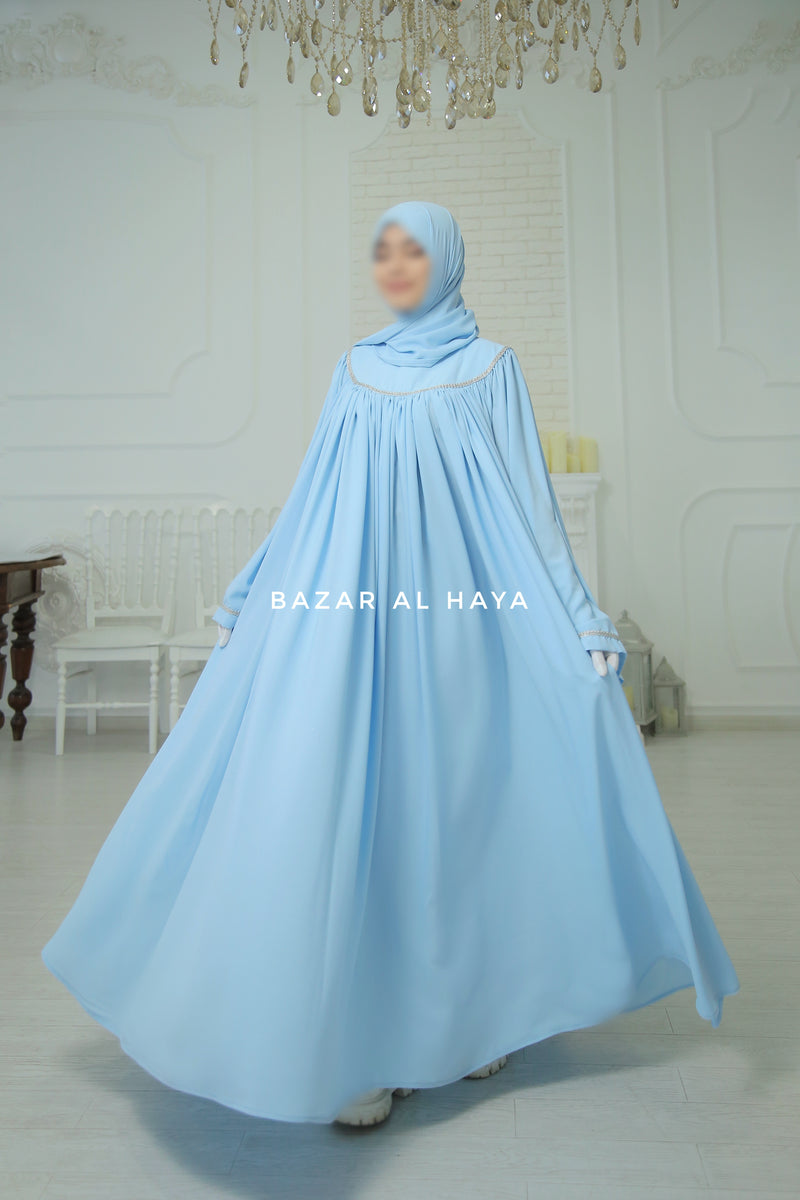 Haniya Sky Blue Abaya Gown - Elegently Wide With Unique Decor - 3 Piece