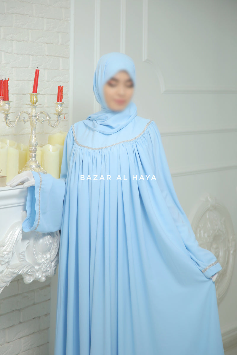 Haniya Sky Blue Abaya Gown - Elegently Wide With Unique Decor - 3 Piece