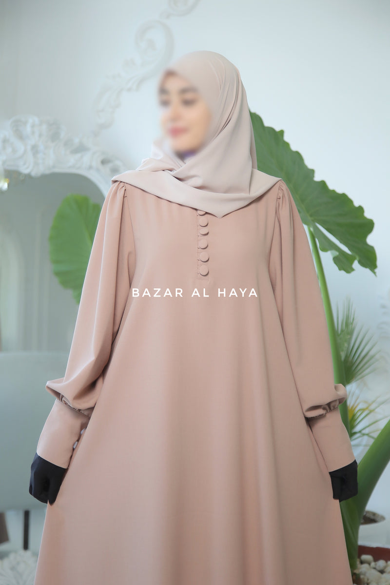 Rania Sepia Tan Abaya Dress Half-Placket Button Front & Sleeve - Mediumweight Soft Crepe Cotton