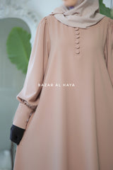 Rania Sepia Tan Abaya Dress Half-Placket Button Front & Sleeve - Mediumweight Soft Crepe Cotton