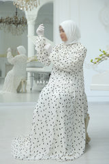 White Amira Chiffon With Tie Neck Strings Abaya Dress - Puff Sleeves