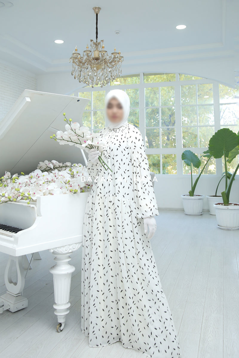 White Amira Chiffon With Tie Neck Strings Abaya Dress - Puff Sleeves