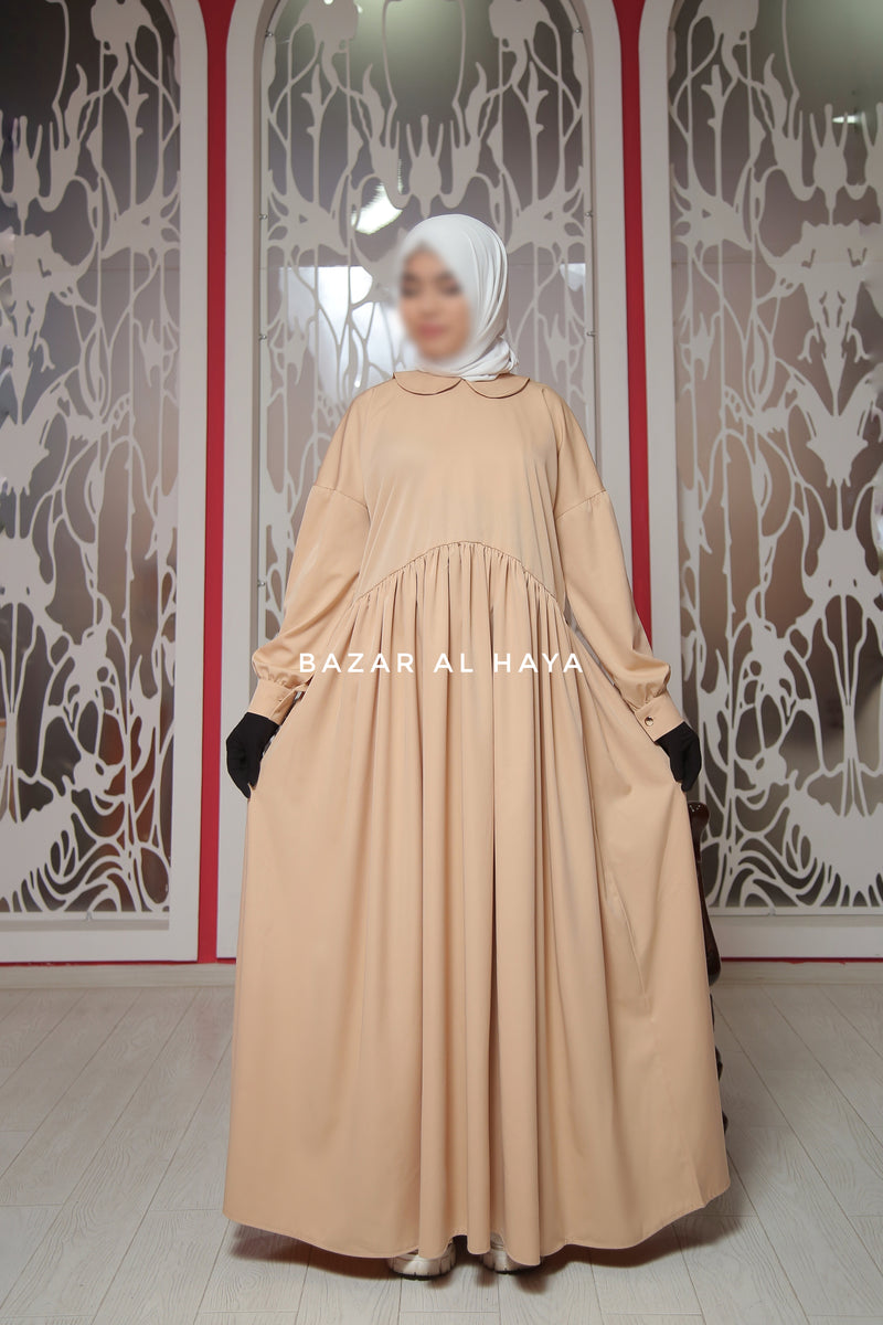 Erina Beige Abaya Dress, Uniqe Round Collar Classic Design - Puff Sleeves
