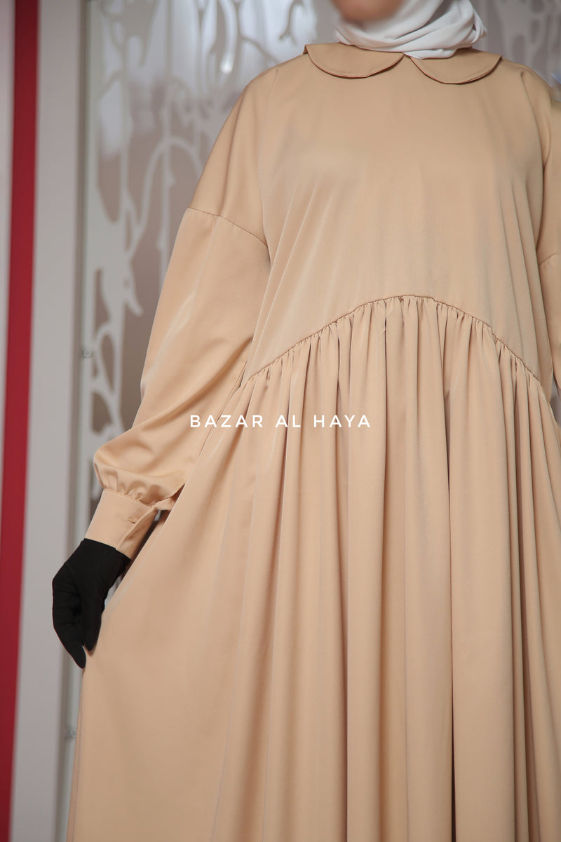 Erina Beige Abaya Dress, Uniqe Round Collar Classic Design