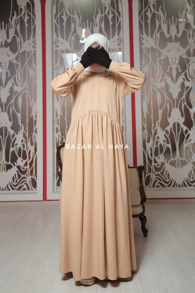 Erina Beige Abaya Dress, Uniqe Round Collar Classic Design - Puff Sleeves