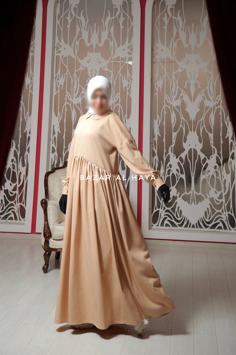 Erina Beige Abaya Dress, Uniqe Round Collar Classic Design - Puff Sleeves