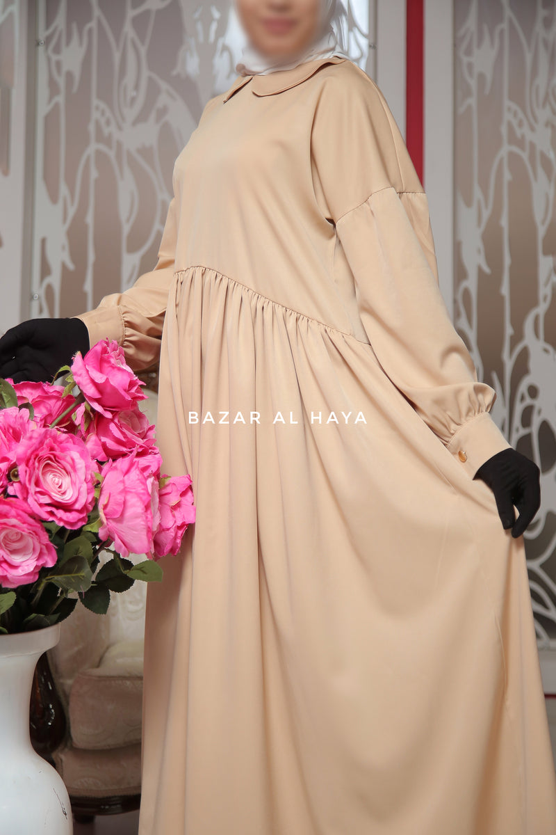 Erina Beige Abaya Dress, Uniqe Round Collar Classic Design - Puff Sleeves