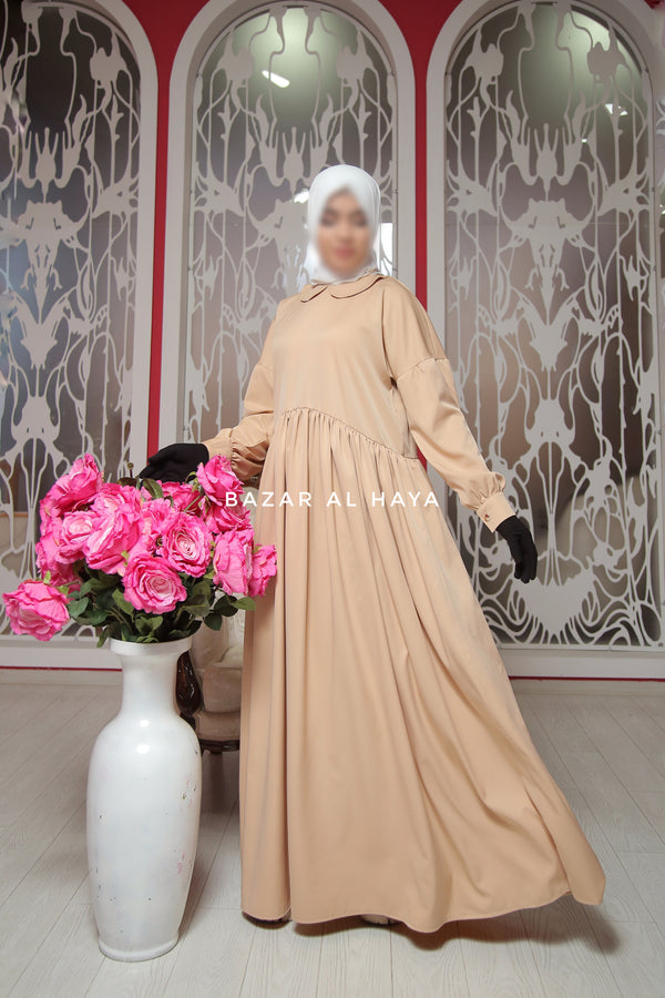 Erina Beige Abaya Dress, Uniqe Round Collar Classic Design - Puff Sleeves