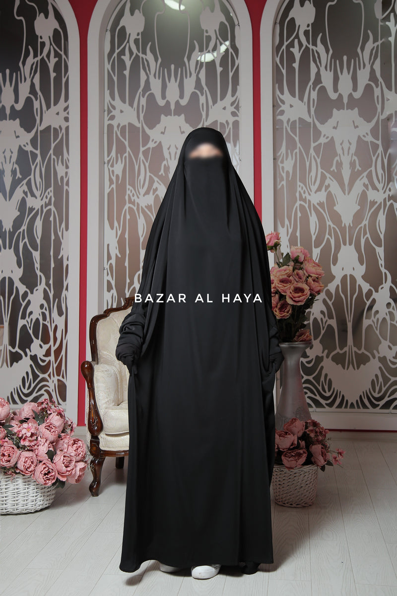 Black Sarah One Piece Jilbab - Zipper Sleeves - Silk Crepe