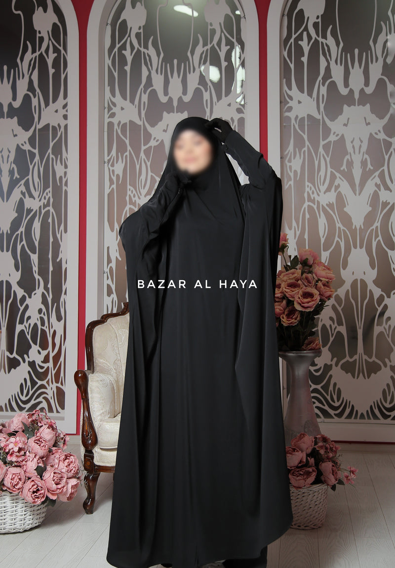 Black Sarah One Piece Jilbab - Zipper Sleeves - Silk Crepe