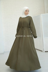 Salam 3 Olive Belted Abaya Dress - Front Zipper & Zipper Sleeves - Nida