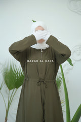 Salam 3 Olive Belted Abaya Dress - Front Zipper & Zipper Sleeves - Nida