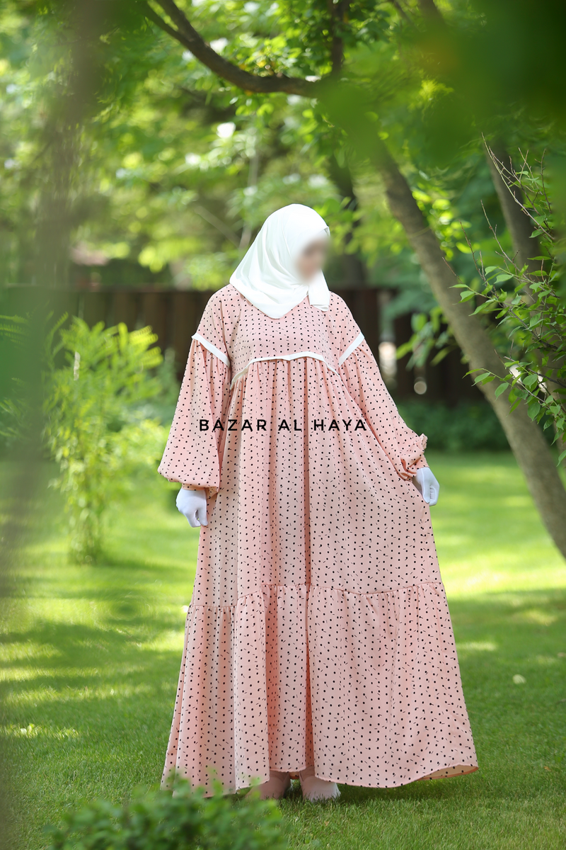 Mubina Pink Polka Dot Tiered Abaya Dress - Loose & Wide In Nida