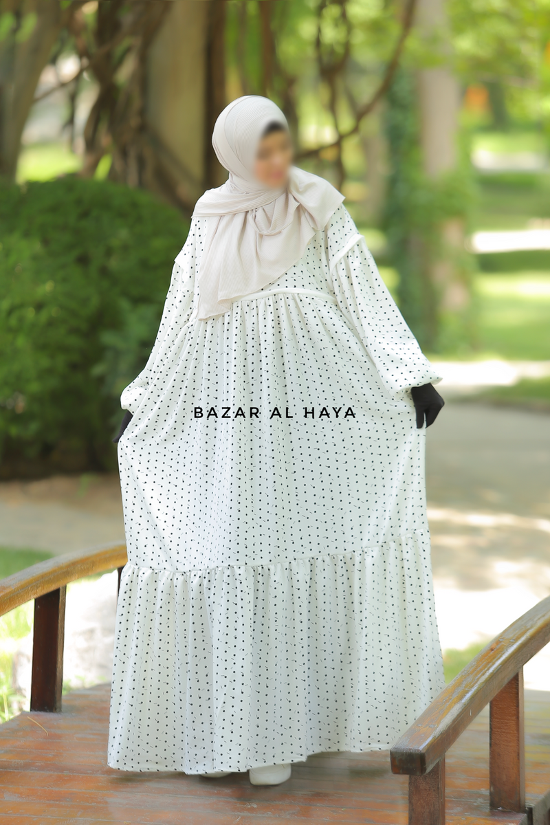 Mubina White Polka Dot Tiered Pretty Abaya Dress - Loose & Wide In Nidha