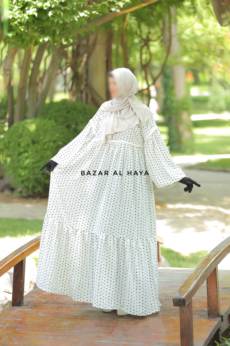 Mubina White Polka Dot Tiered Pretty Abaya Dress