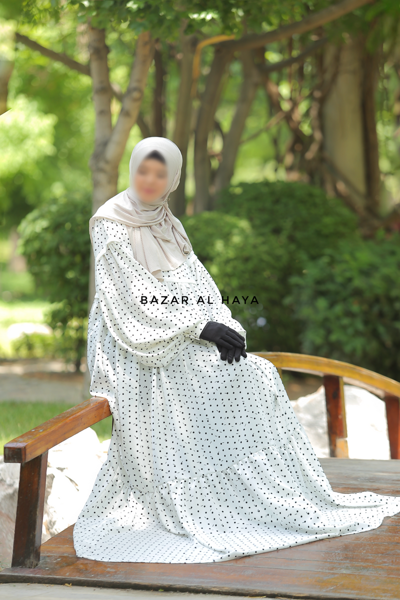 Mubina White Polka Dot Tiered Pretty Abaya Dress Loose Wide In Nid Bazar Al Haya