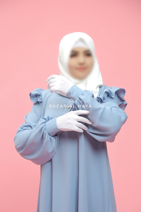 Sky Blue Zaara Lightweight Abaya Dress - Soft Breathable Crepe Cotton - Ruffle Shoulders