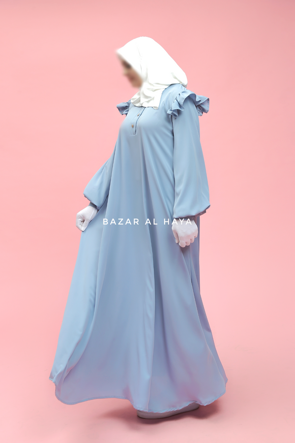 Sky Blue Zaara Lightweight Abaya Dress - Soft Breathable Crepe Cotton - Ruffle Shoulders