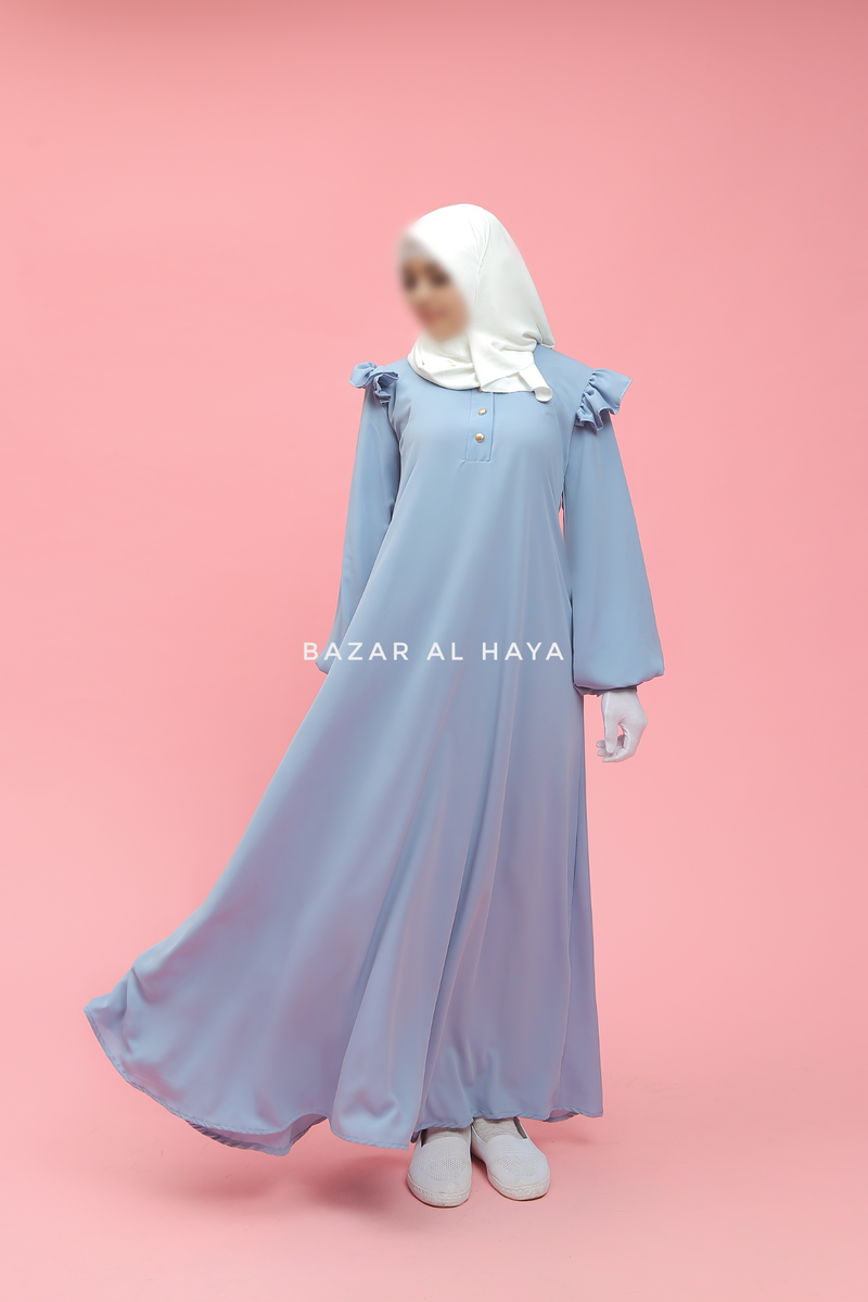 Sky Blue Zaara Lightweight Abaya Dress - Soft Breathable Crepe Cotton - Ruffle Shoulders