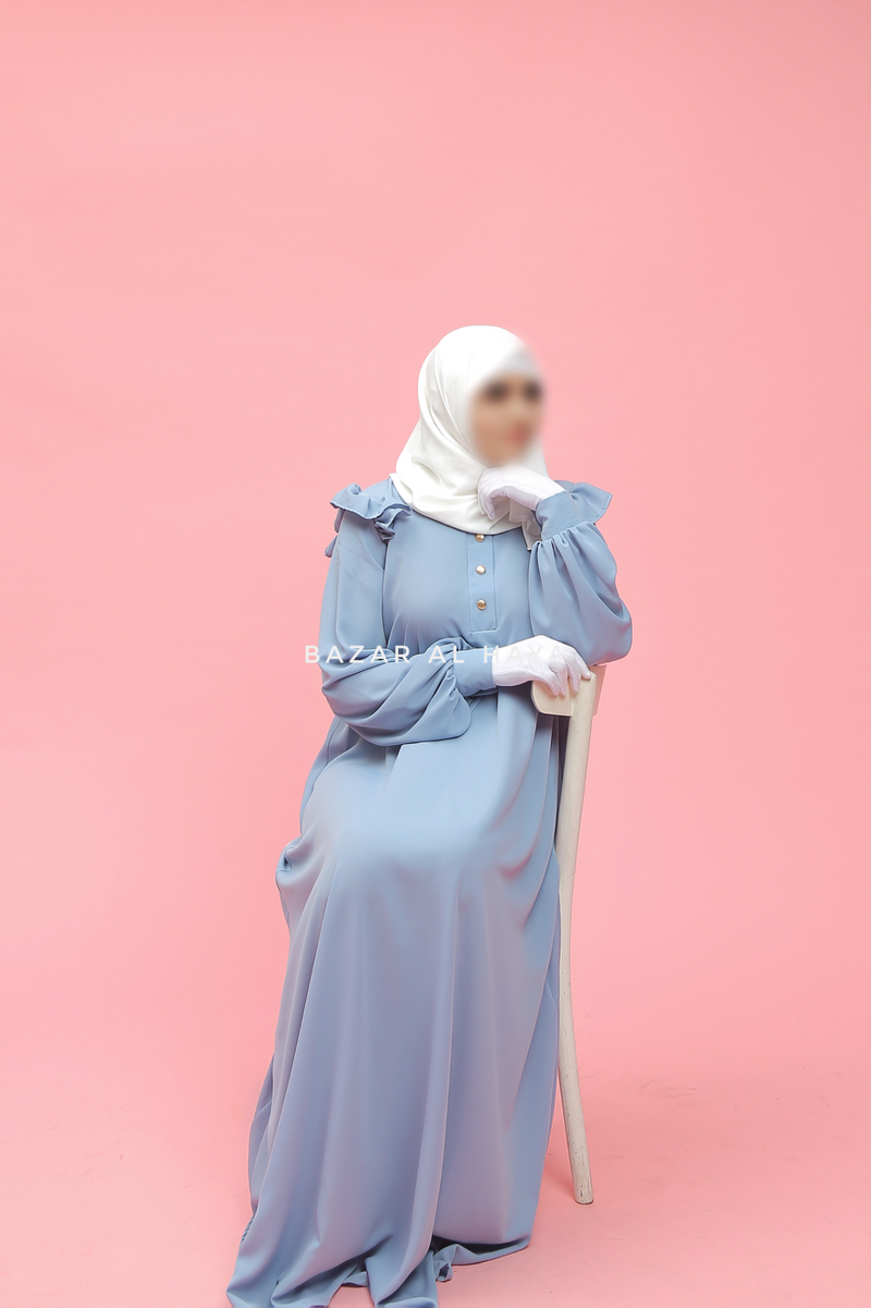 Sky Blue Zaara Lightweight Abaya Dress - Soft Breathable Crepe Cotton - Ruffle Shoulders