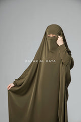 Sarah One Piece Olive Jilbab - Zipper Sleeves - Silk Crepe