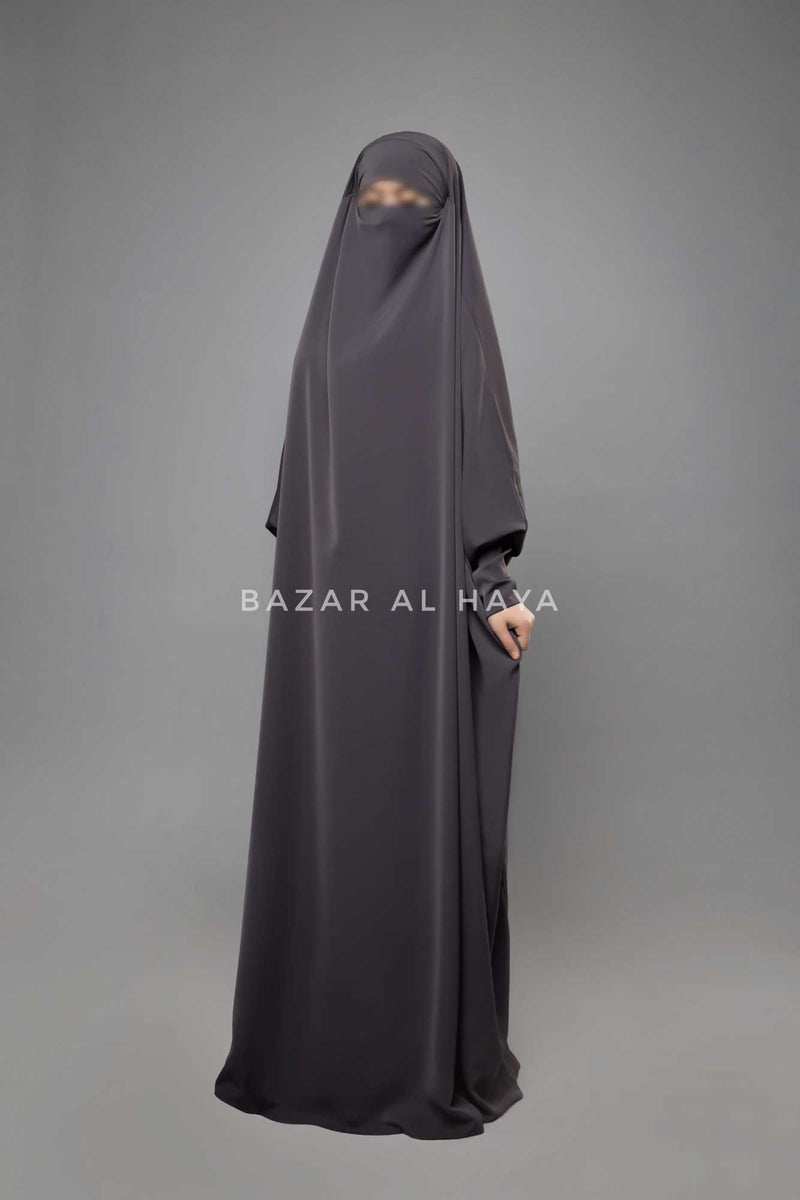 Sarah One Piece Steel Grey Jilbab - Zipper Sleeves - Silk Crepe